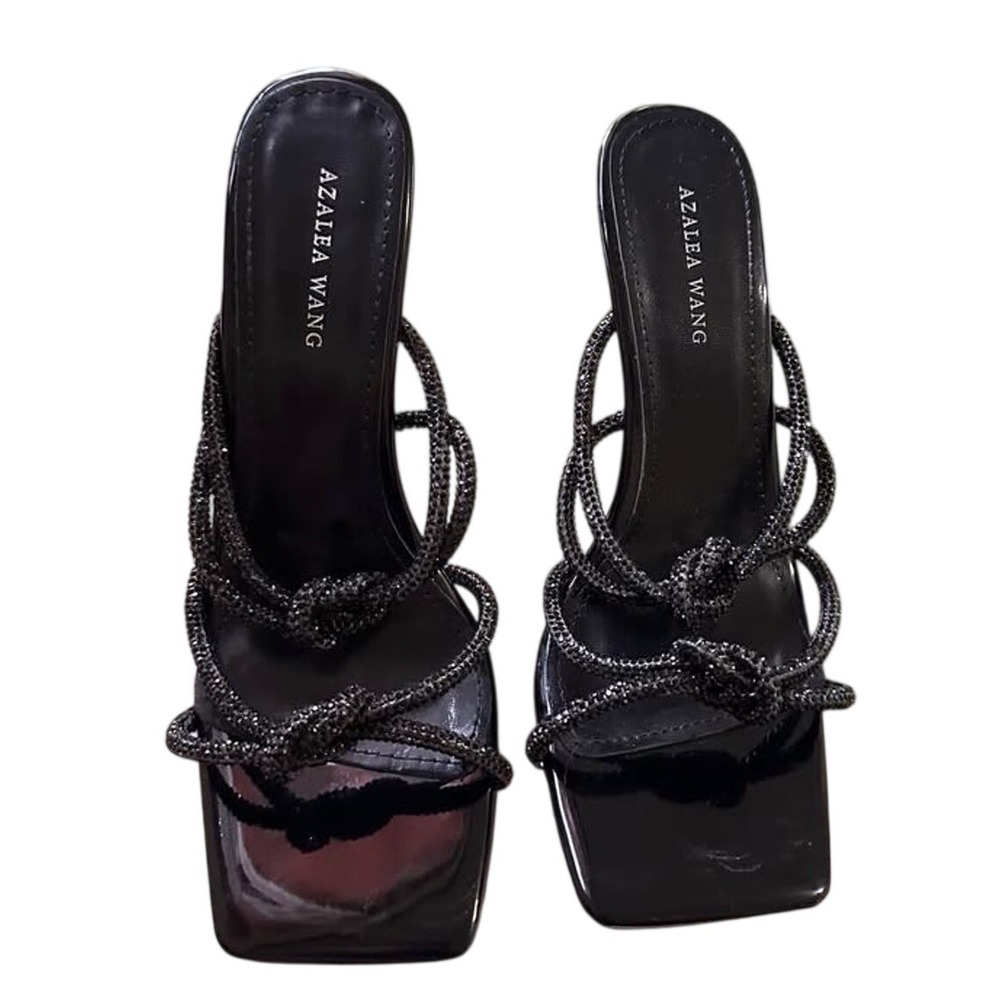 Womens Black Rhinestone Knotted Strap Square‎ Toe Clear Heel Sandals size 6